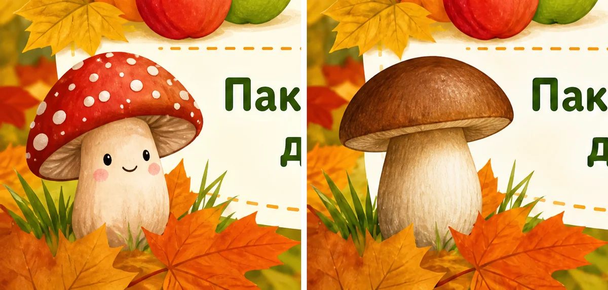 Угол афиши до и после правки: мухомор заменён на боровик