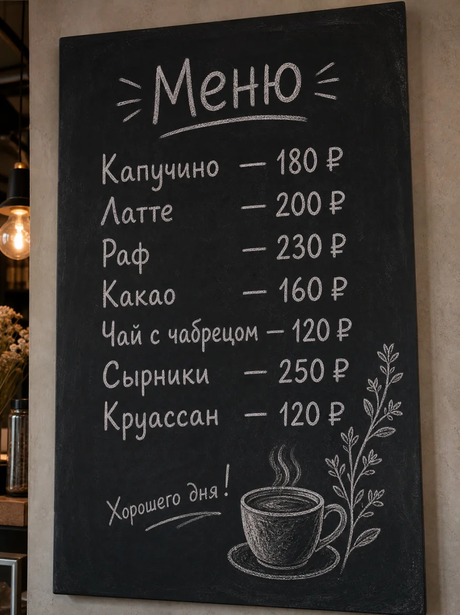 Меню на доске с чашкой и веточкой, все строки без ошибок, GPT Image 2