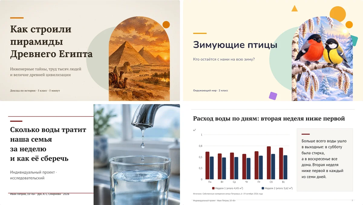 Обложки трёх школьных презентаций: пирамиды Египта, зимующие птицы и проект о расходе воды