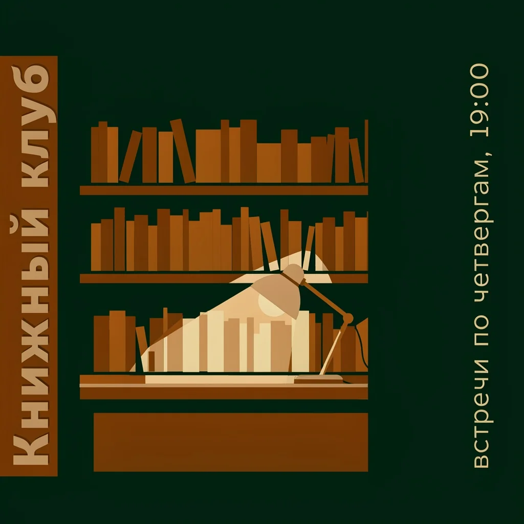 Квадратный плакат с полкой и лампой, «Книжный клуб» и «встречи по четвергам, 19:00» написаны вертикально