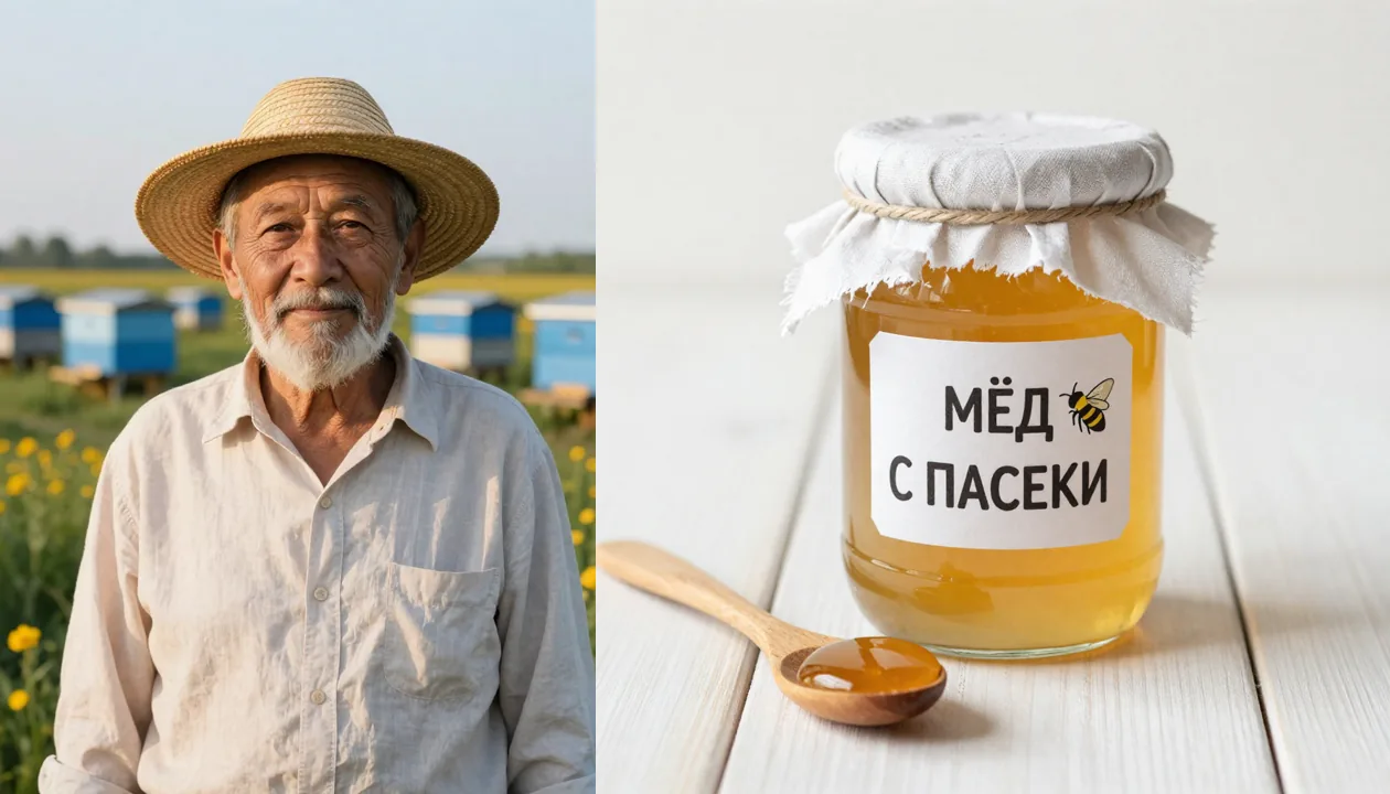 Два референса: выдуманный пасечник в соломенной шляпе и банка мёда с этикеткой «МЁД С ПАСЕКИ»