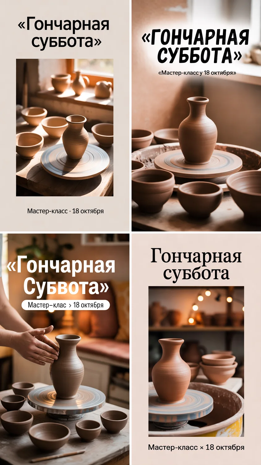 Четыре вертикальные афиши мастер-класса с глиняной вазой на гончарном круге и надписью «Гончарная суббота»
