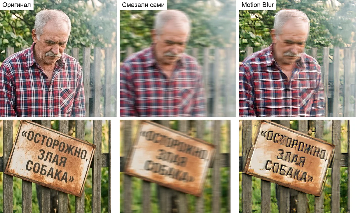 Оригинал, смазанный кадр и результат Motion Blur: лицо снова резкое, у букв двойные контуры