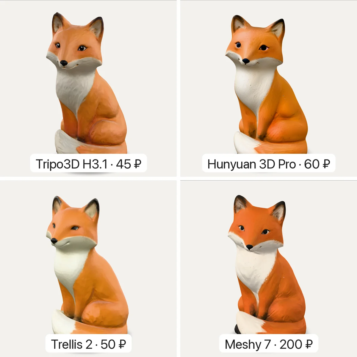 Одна и та же лиса из Tripo3D H3.1, Hunyuan 3D Pro, Trellis 2 и Meshy 7 спереди