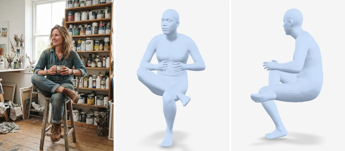 Выдуманная женщина на табурете в мастерской и её 3D-фигура спереди и сбоку, без табурета