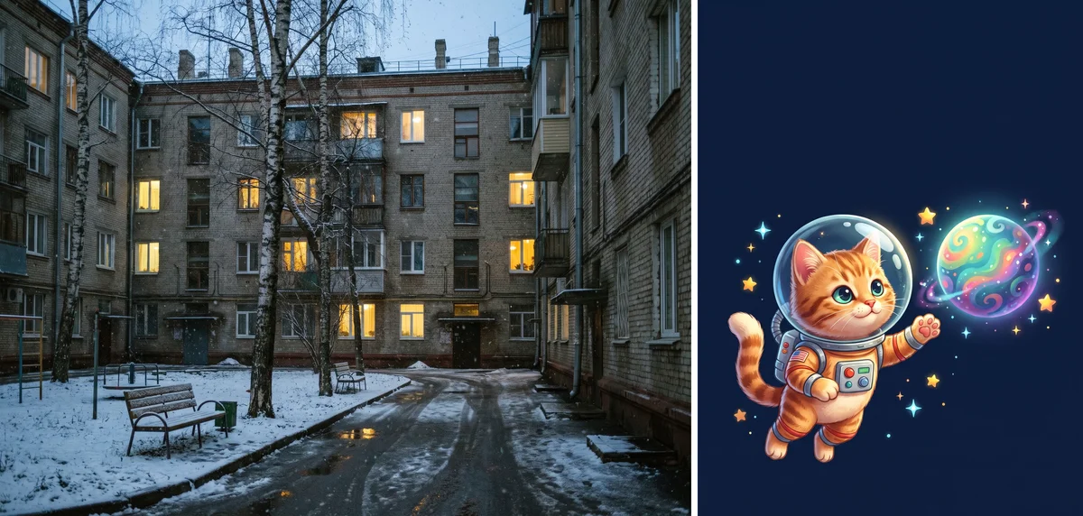 Двор кирпичной пятиэтажки в первый снег с горящими окнами и рыжий кот в скафандре среди звёзд
