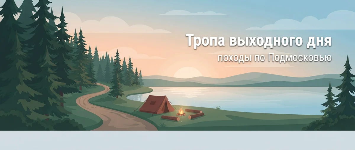 Иллюстрация: ельник, тропа к озеру, палатка и костёр, справа надпись «Тропа выходного дня»