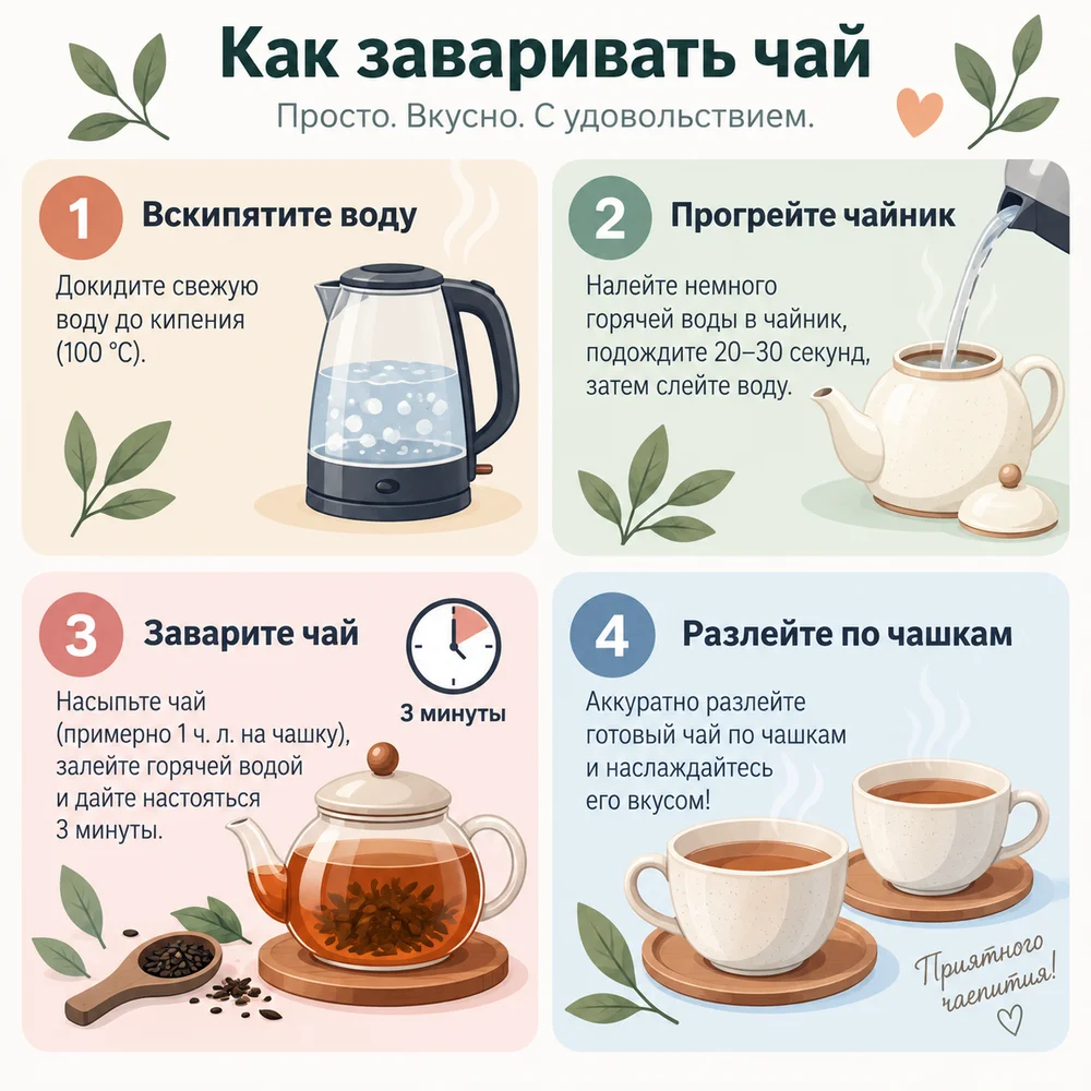 Инфографика из четырёх шагов о заваривании чая с чайником, заварником и чашками