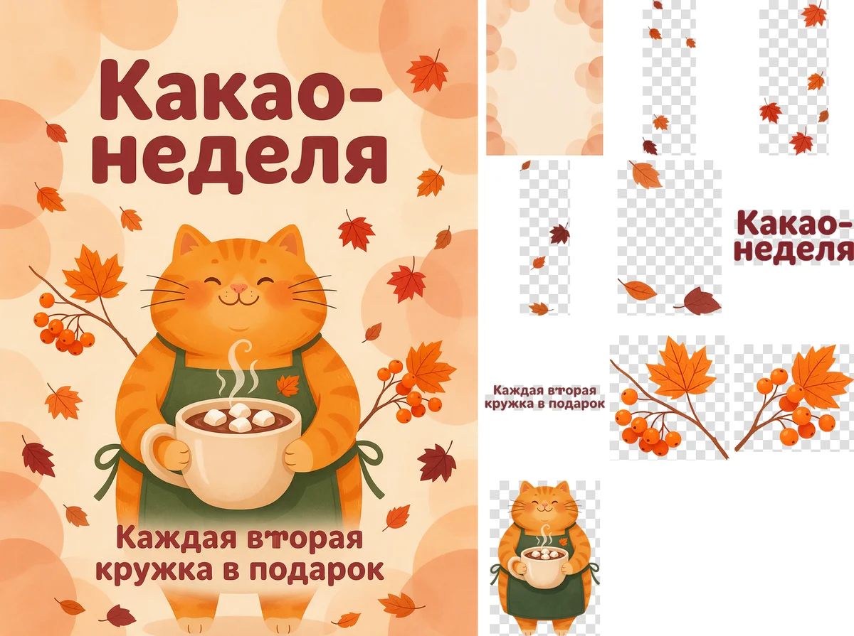Постер «Какао-неделя» с рыжим котом и десять файлов после разделения: чистый фон, кот, надписи, ветки и листья по отдельности