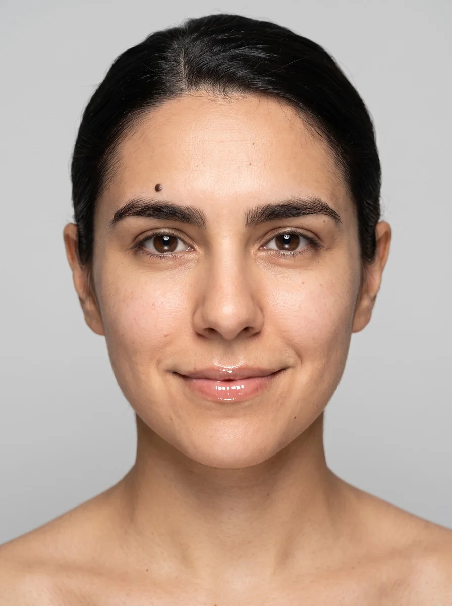Бьюти-портрет крупным планом с гладким пучком и видимыми порами кожи