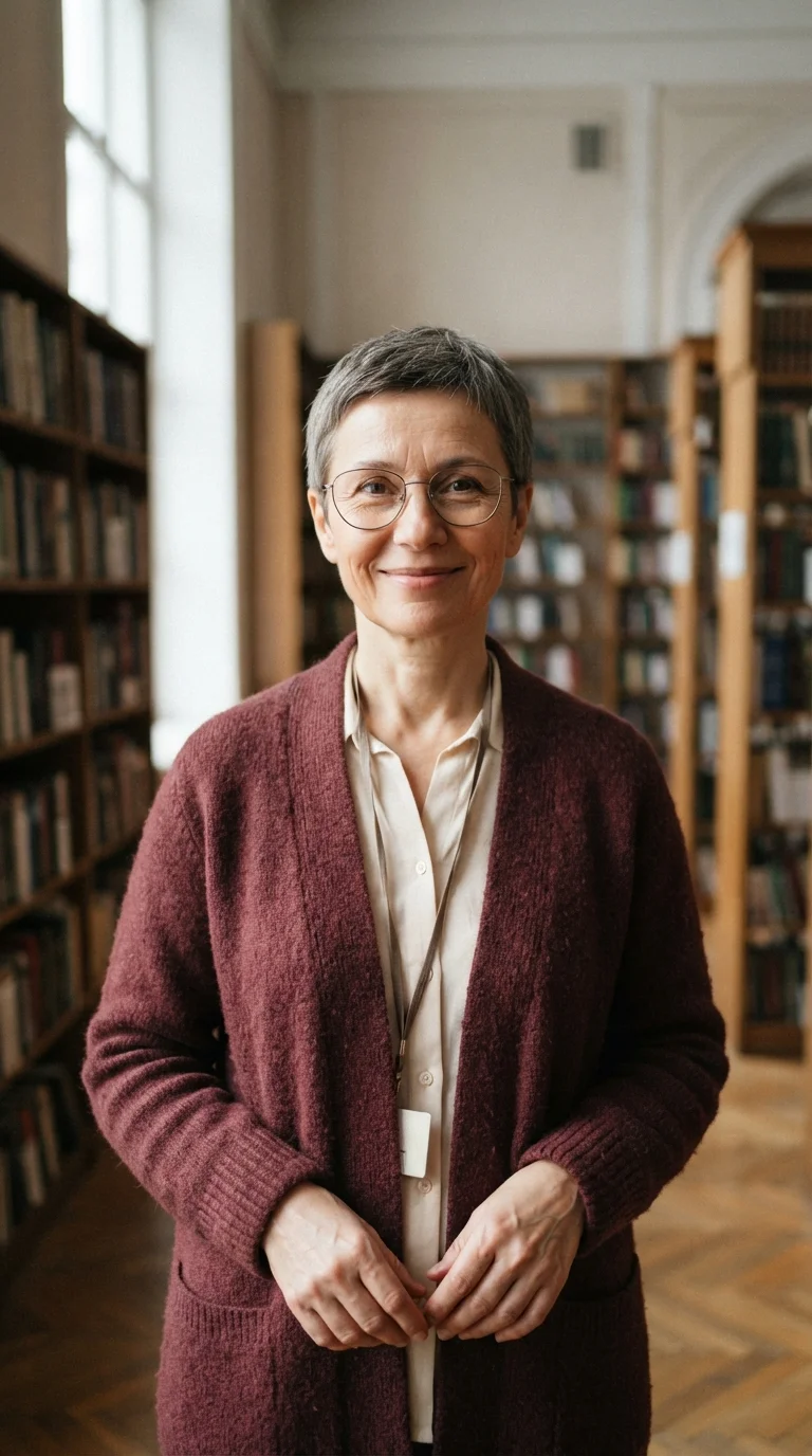 Выдуманная женщина-библиотекарь в бордовом кардигане на фоне книжных стеллажей