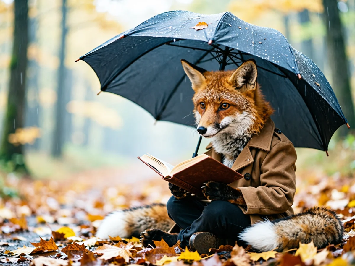 Лиса в бежевом пальто читает книгу под чёрным зонтом на лесной дороге в дождь