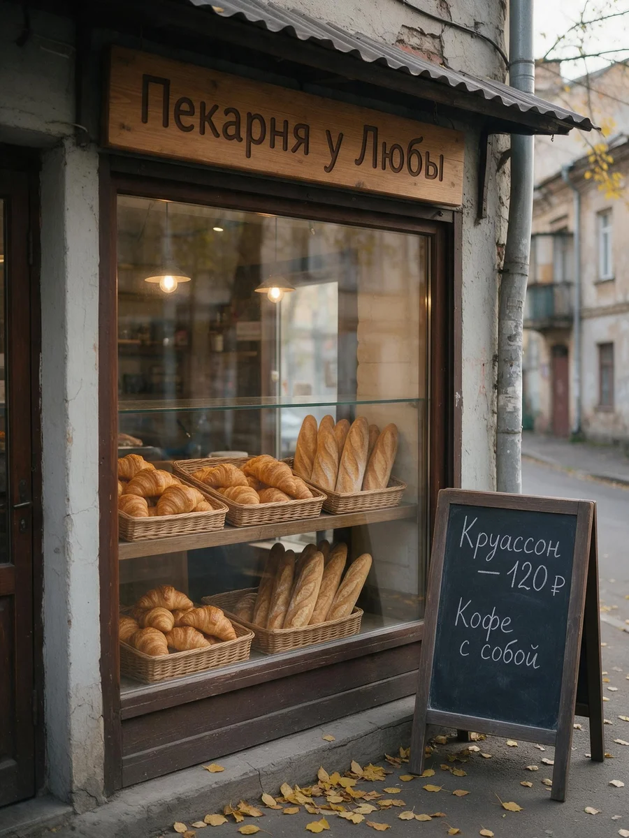 Витрина с багетами и доской с ошибкой в слове «круассан», Seedream 5.0 Pro