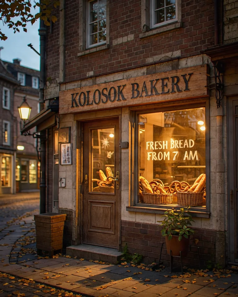 Пекарня с вывеской KOLOSOK BAKERY и надписью на витрине FRESH BREAD FROM 7 AM
