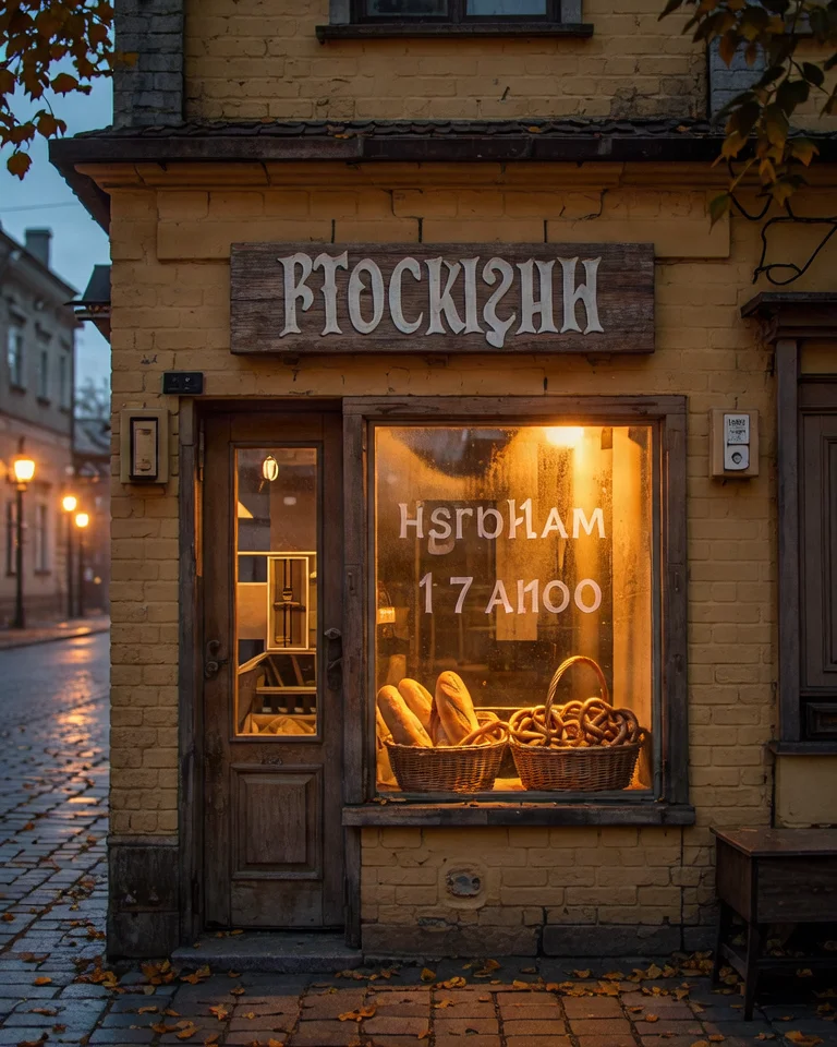 Вечерняя пекарня, на вывеске и витрине вместо русских слов бессмысленный набор букв