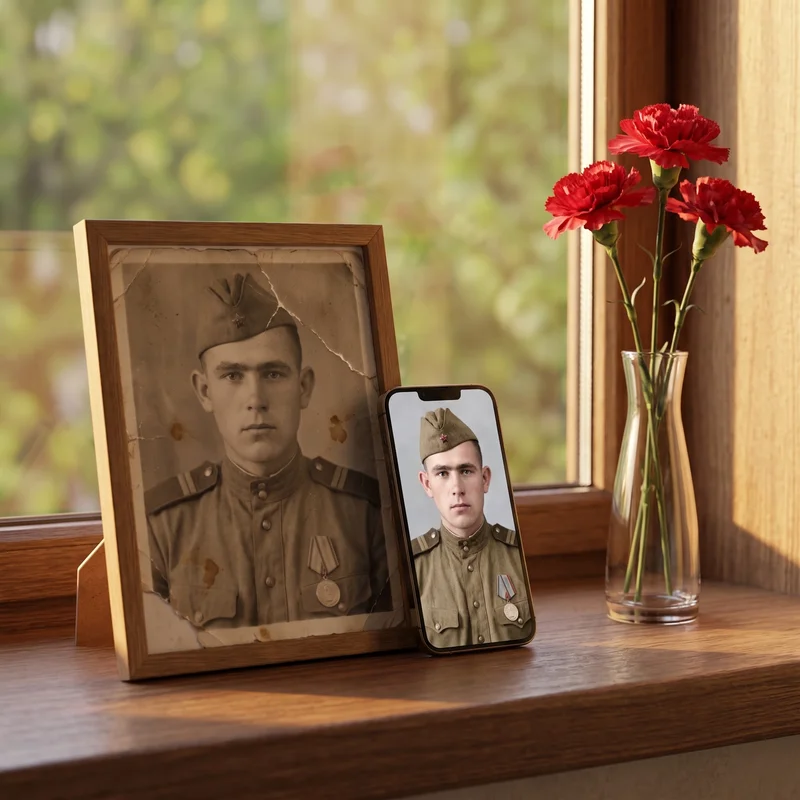 Фото в военной форме: прадед по старому снимку и сын сегодня