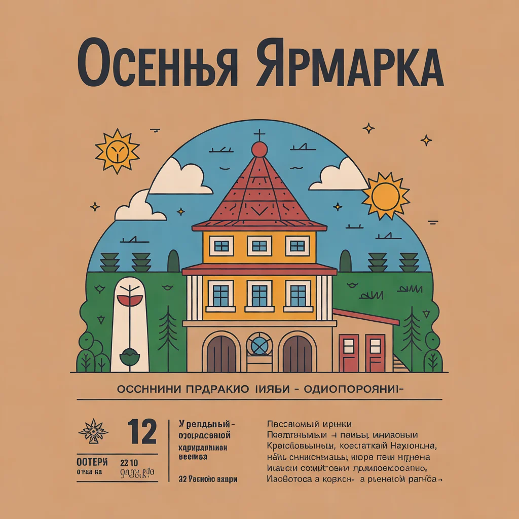 Вместо корзины с яблоками нарисован жёлтый дом с красной крышей, под ним колонки бессмысленного текста