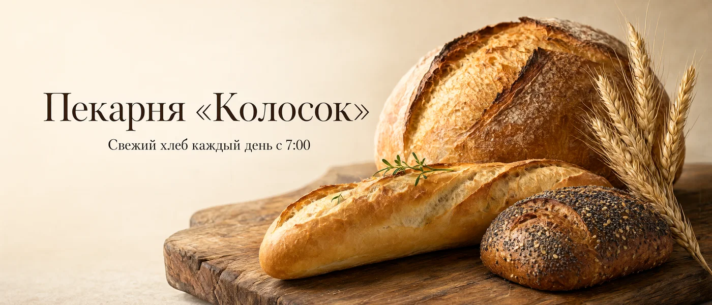 Широкий баннер пекарни «Колосок» с караваем, багетом и колосками на деревянной доске