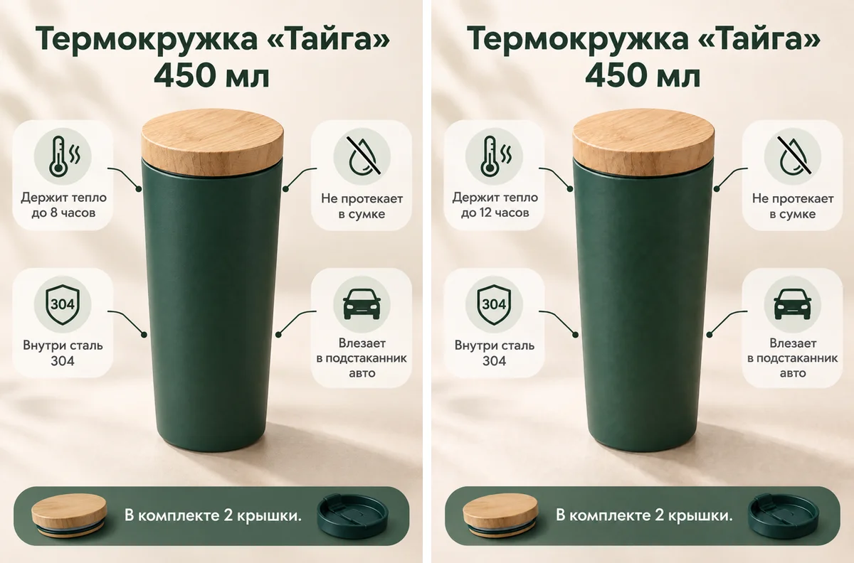 Две одинаковые карточки термокружки, на правой в плашке «до 12 часов» вместо «до 8 часов»