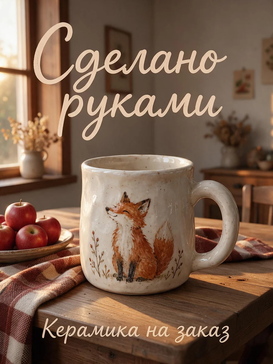 Второй плакат Seedream 5.0 Pro: надпись «Сделано руками» без ошибок, кружка у окна