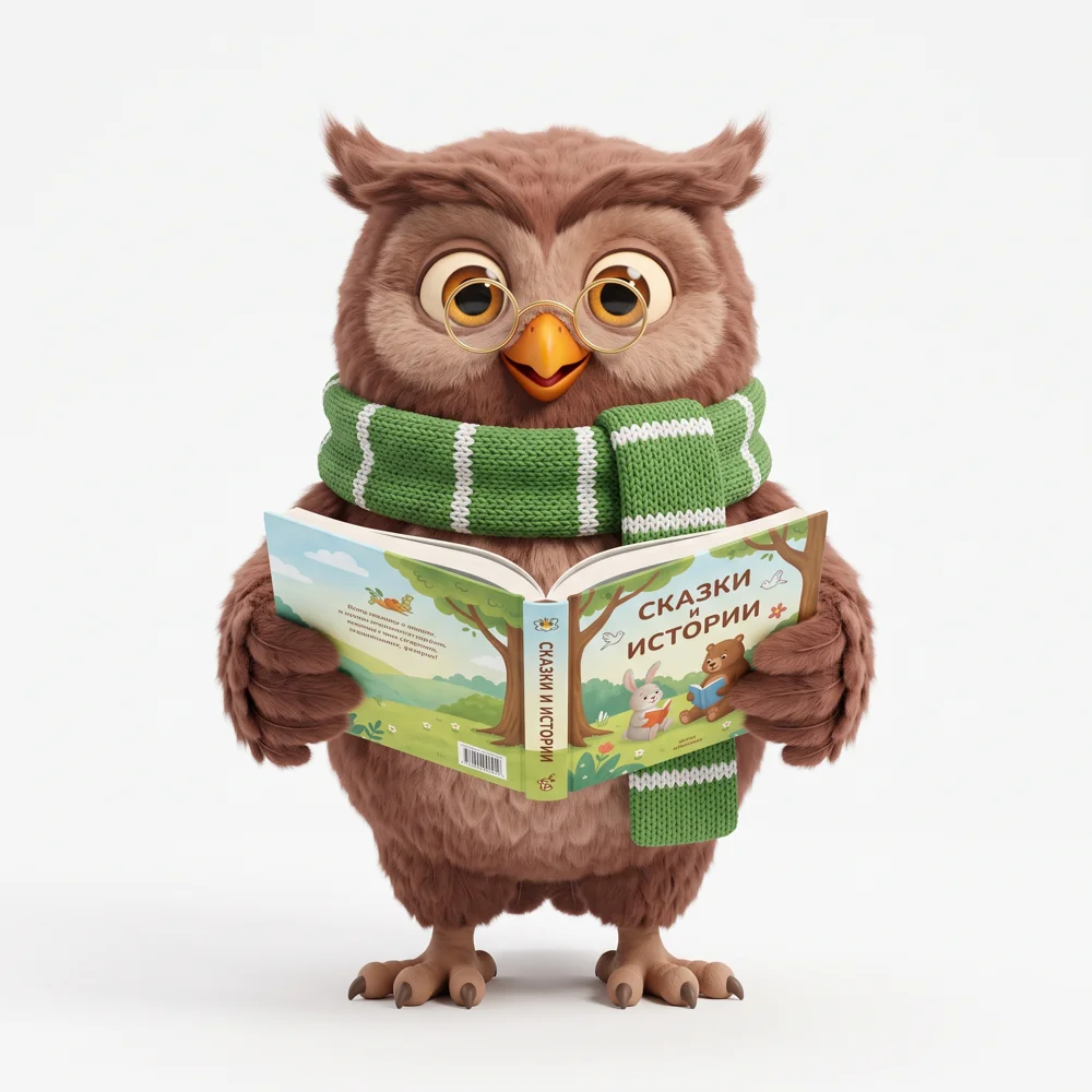 3D-сова в круглых очках и зелёном полосатом шарфе держит книгу
