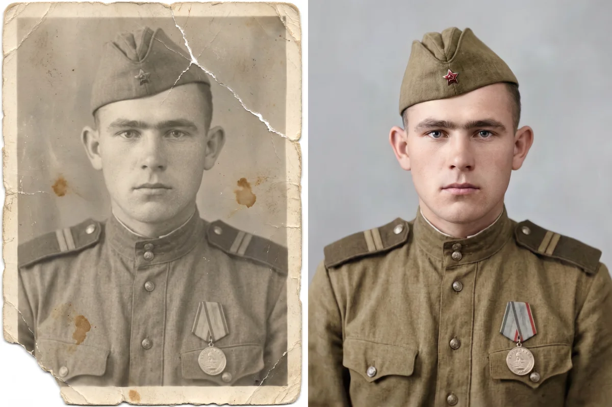 Выцветшая фотокарточка красноармейца 1944 года с трещиной и восстановленный цветной портрет того же солдата