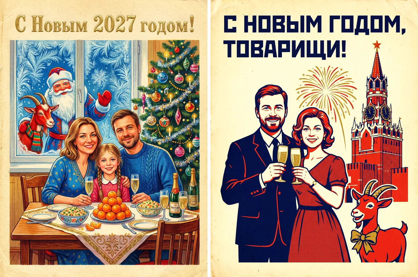 Открытка 1980-х с семьёй за праздничным столом и плакат с парой и Спасской башней