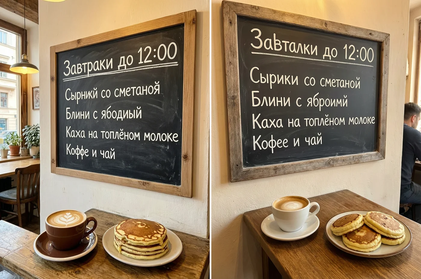 Две меловые доски с меню завтраков, в строках есть ошибки в словах