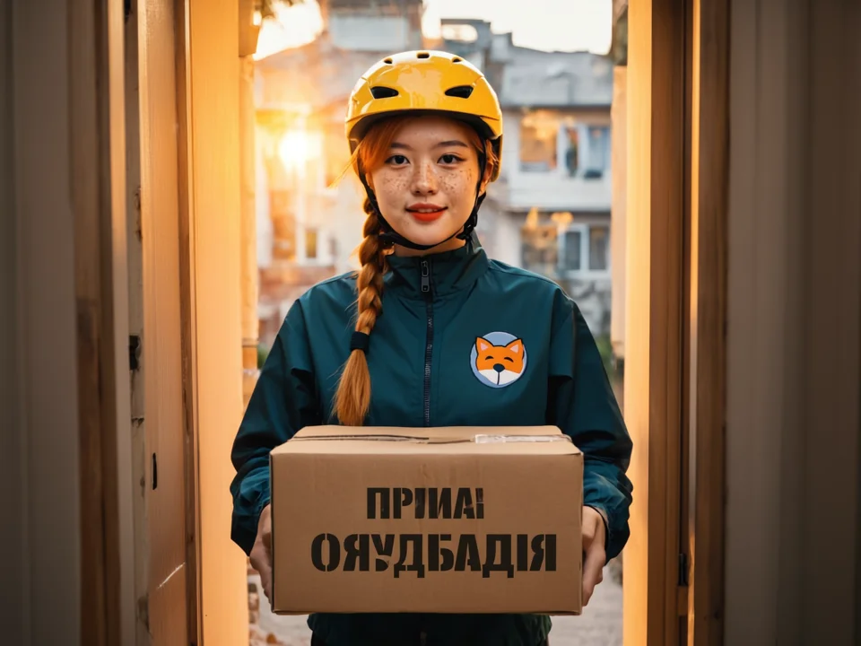 Девушка-курьер в дверном проёме держит картонную коробку с бессмысленной надписью вместо слов