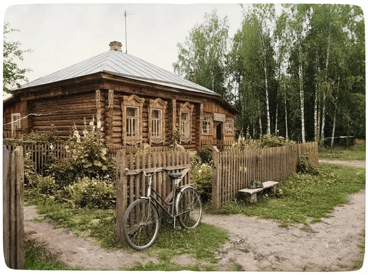 Дом в приглушённых тёплых цветах, без рамки старой карточки