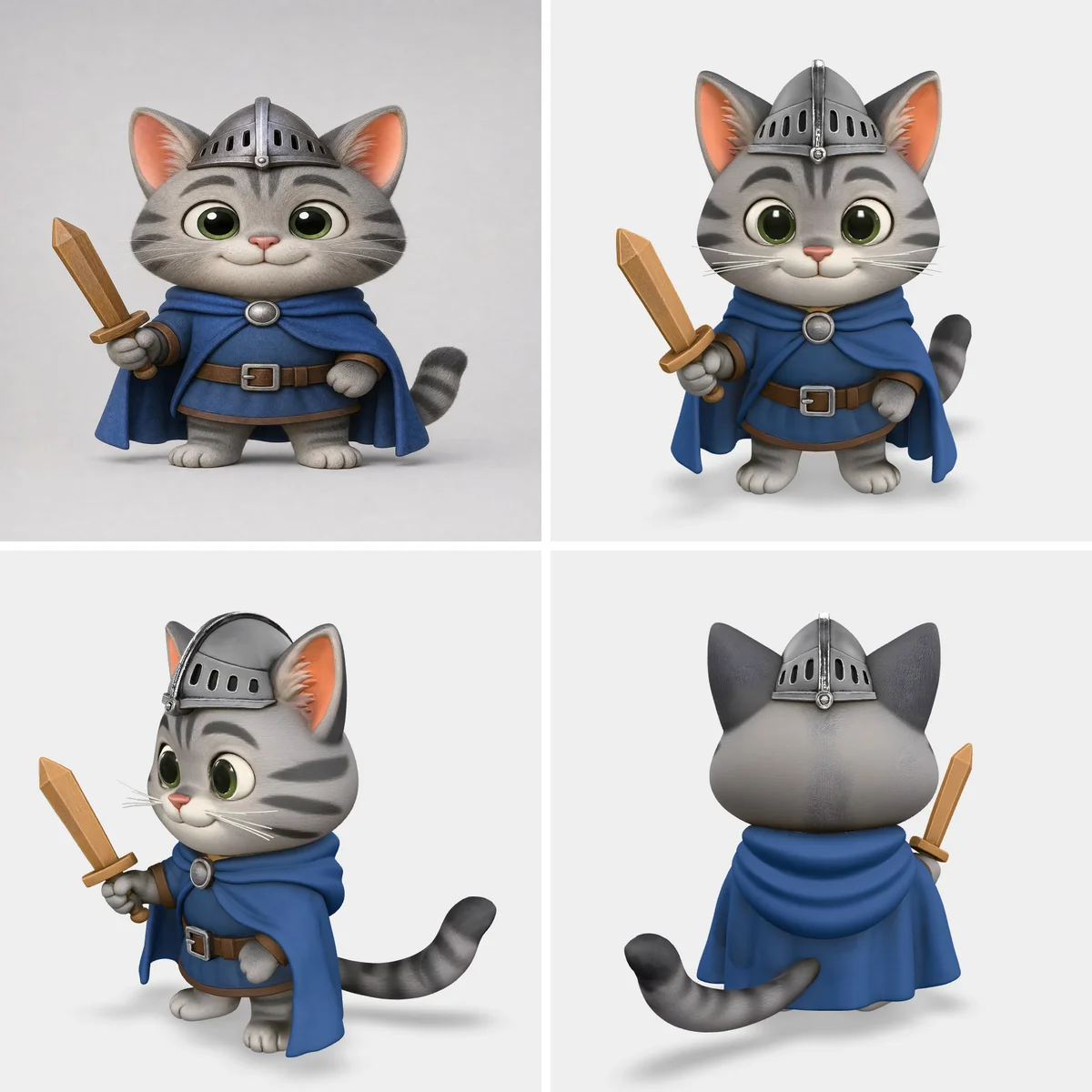 Рисованный кот-рыцарь в шлеме и синем плаще и его 3D-модель с трёх сторон