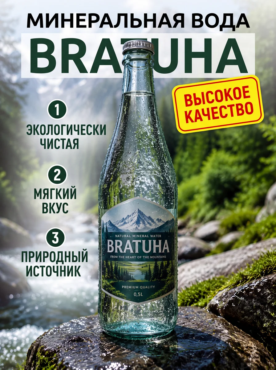 Карточка минеральной воды BRATUHA, горлышко бутылки закрывает букву в заголовке