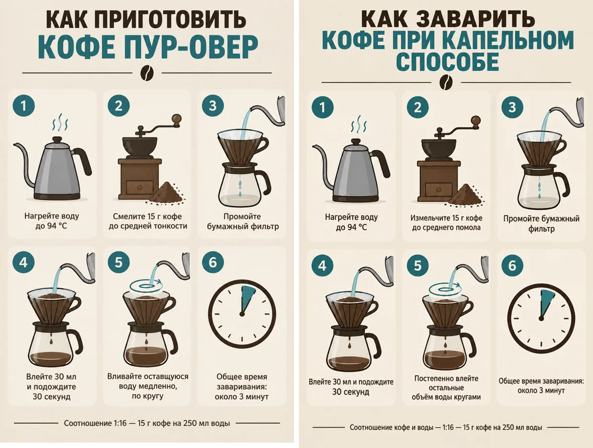 Инфографика про кофе после перевода на русский: слева качество Medium, справа Low с грамматической ошибкой в пятом шаге