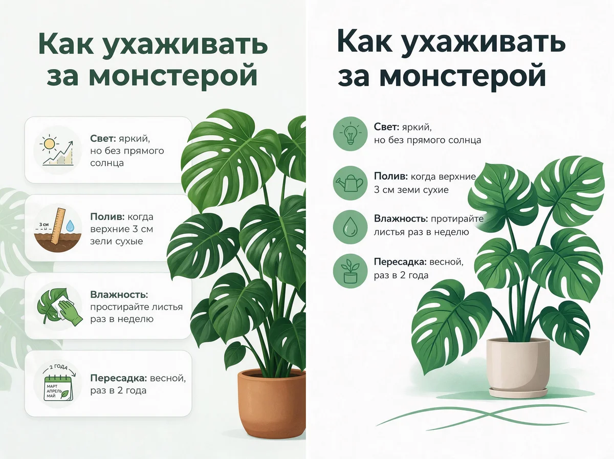 Две памятки «Как ухаживать за монстерой» с четырьмя пунктами и растением в горшке