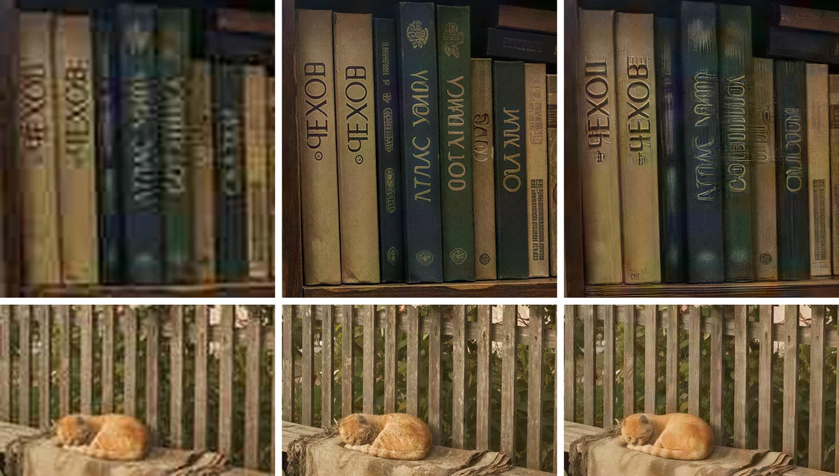 Корешки книг и спящий кот на лавке: исходник, результат P-Image Upscale и результат SeedVR2