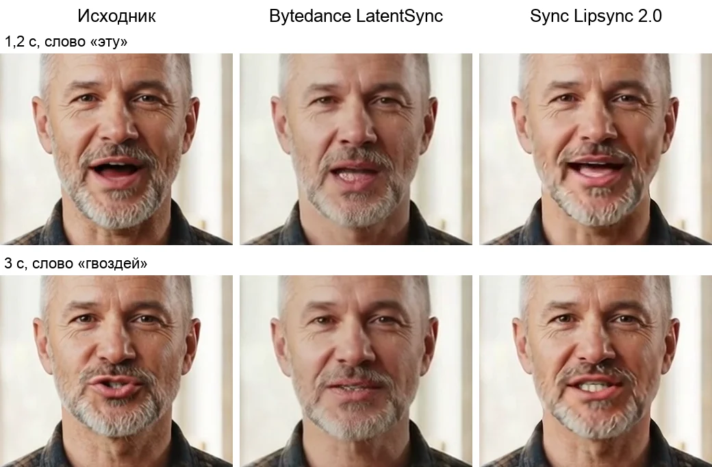 Нижняя часть лица столяра на 1,2 и 3 секунде: исходник, модель ByteDance с мягким ртом и Sync Lipsync 2.0 с чёткими зубами