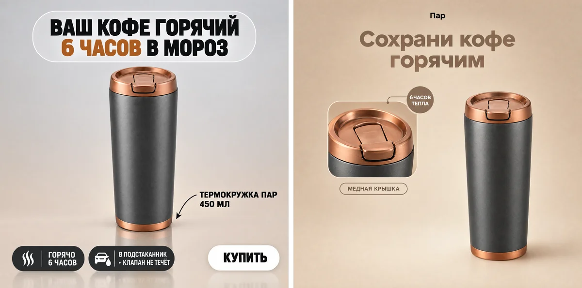 Пробные баннеры без скидки: в заголовках только характеристики кружки