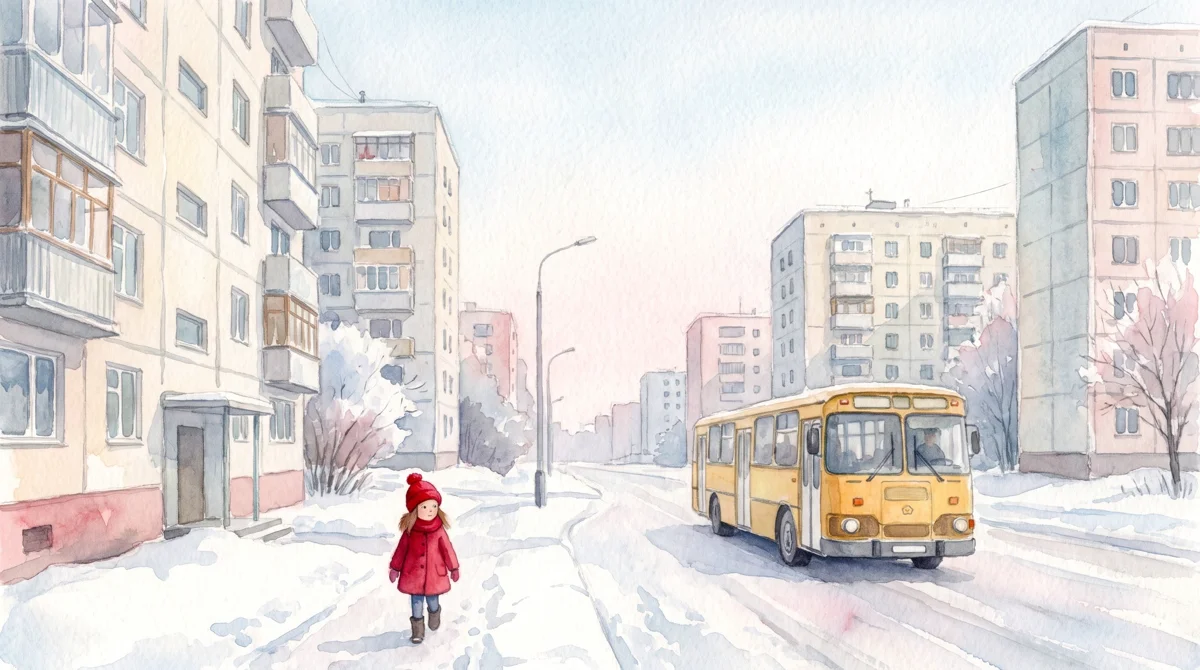 Акварель с зимним городом, панельными домами и жёлтым автобусом, образец стиля