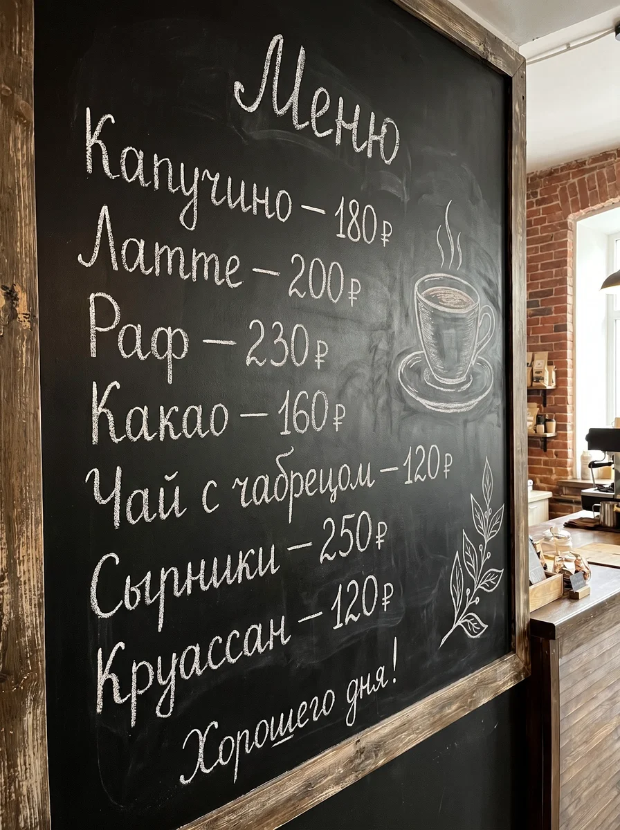 Доска с меню, снятая под углом, крупный рукописный шрифт, Nano Banana Pro