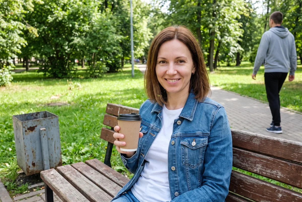Исходное фото: женщина в джинсовой куртке на скамейке в летнем парке, за ней прохожий и урна