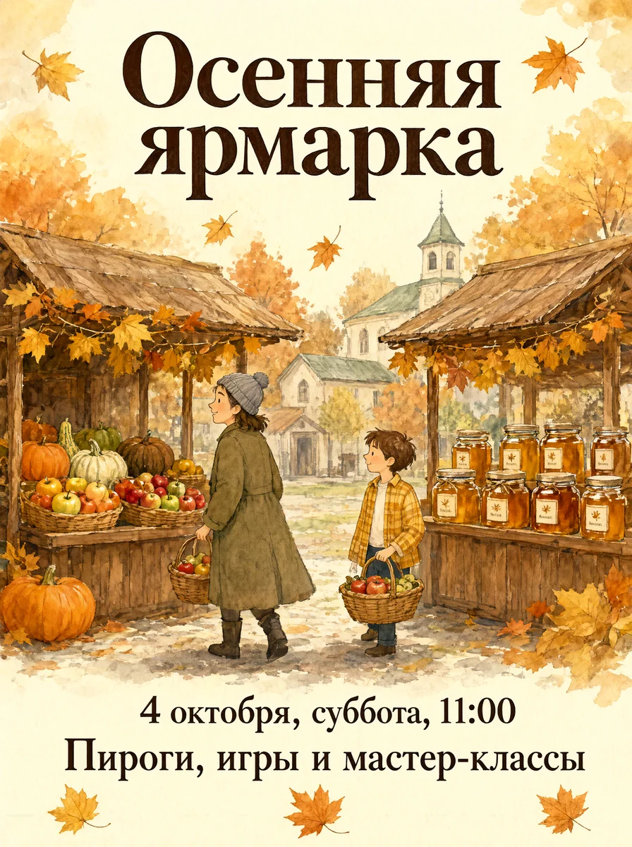 Афиша с женщиной и мальчиком у прилавков, все надписи без ошибок
