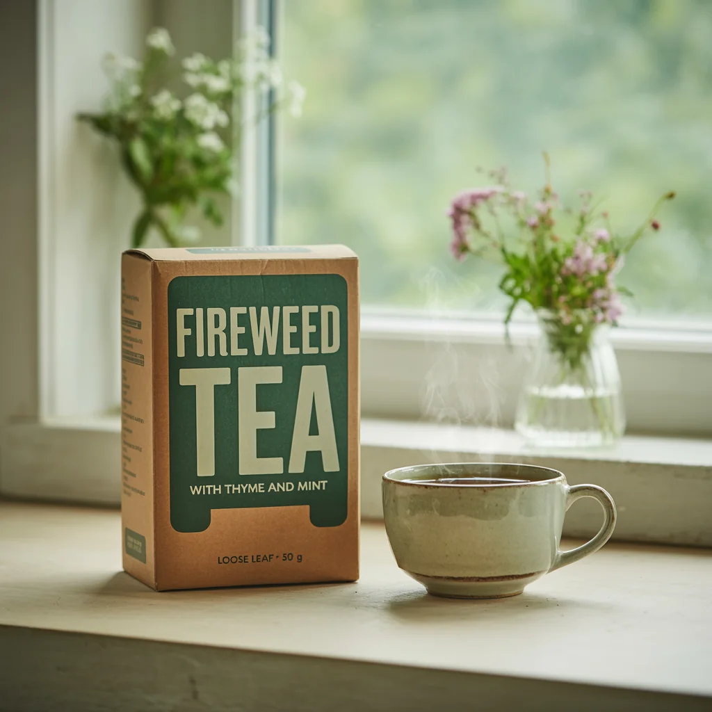 Коробка Fireweed Tea у окна рядом с чашкой, все три строки без ошибок