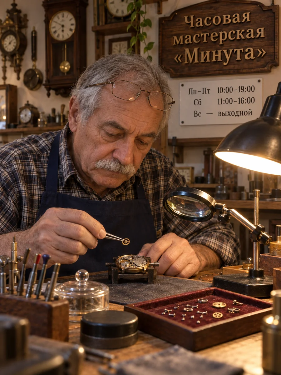 Часовщик в качестве Medium: лупа на штативе, отвёртки в подставке, шестерёнки на красном бархате