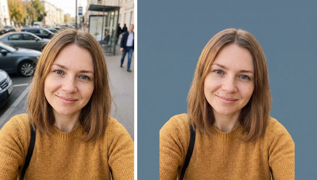 Селфи на улице и оно же на однотонном серо-голубом фоне