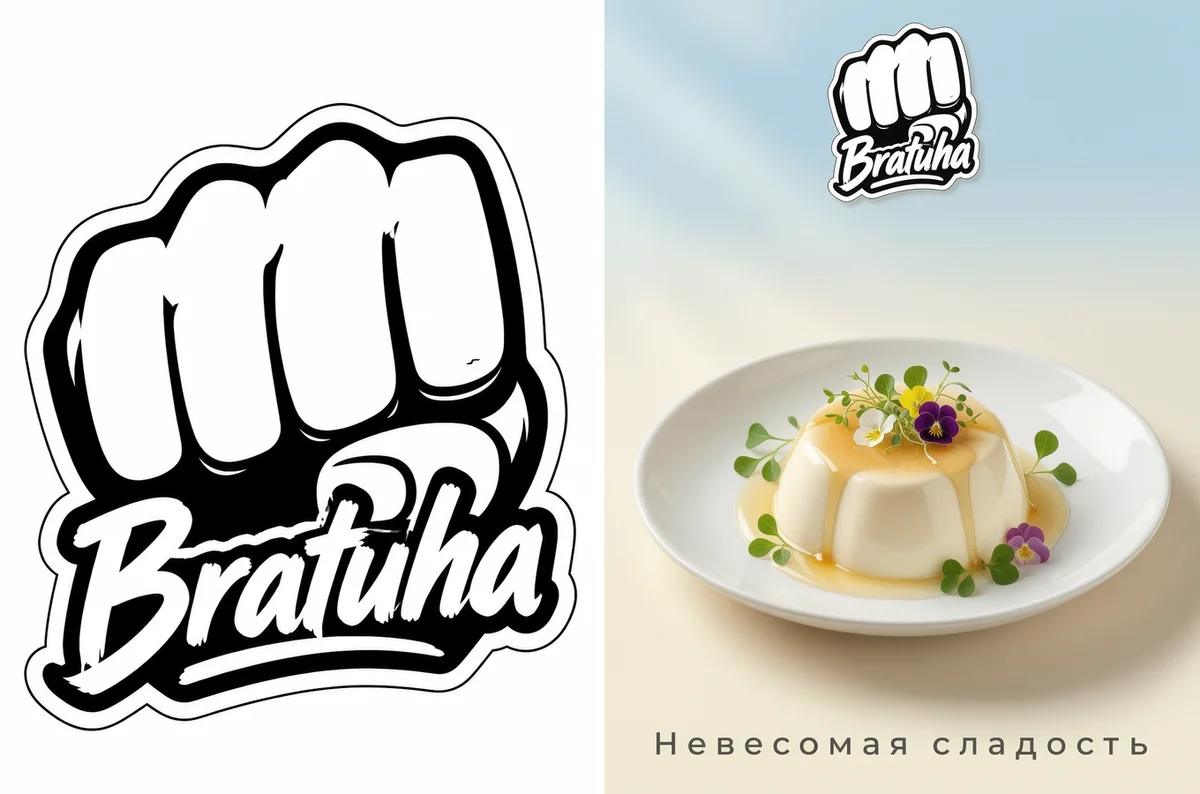 Чёрно-белый логотип с кулаком и рекламный постер панна-котты с этим логотипом и подписью «Невесомая сладость»