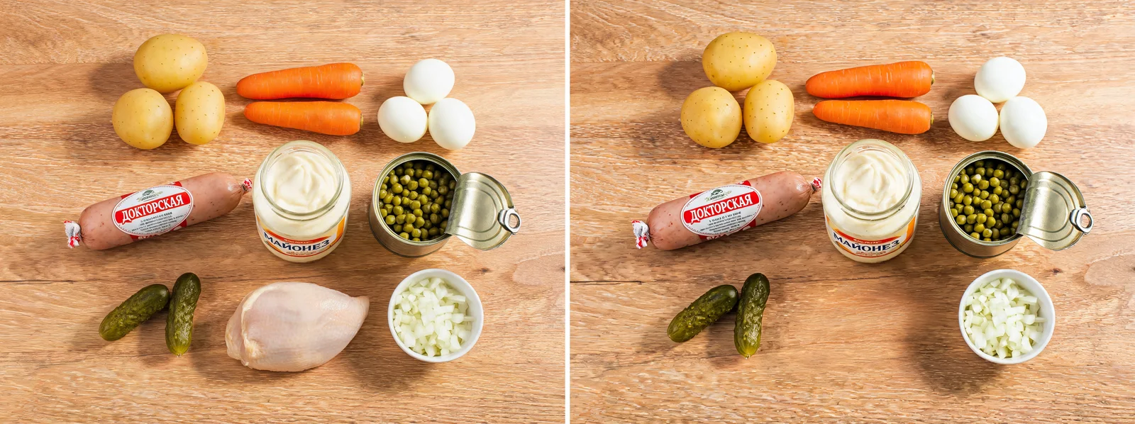 Продукты для оливье на деревянном столе, справа тот же стол без куриной грудки