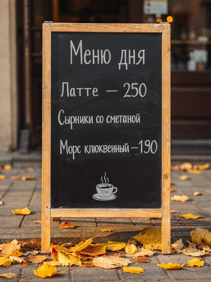 Та же доска после правки в Pro: строка «Латте — 250», у сырников пропала цена, у морса другая цифра