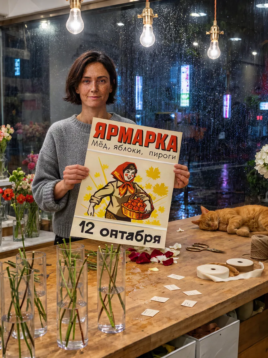 Женщина в сером свитере в цветочной лавке показывает в камеру афишу ЯРМАРКА
