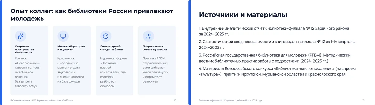 Слайды «Опыт коллег» и «Источники и материалы», которые нейросеть добавила в режиме «Дописать и расширить»