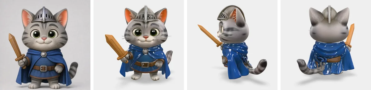 Рисованный кот-рыцарь в шлеме и синем плаще и его 3D-модель спереди, сбоку и со спины
